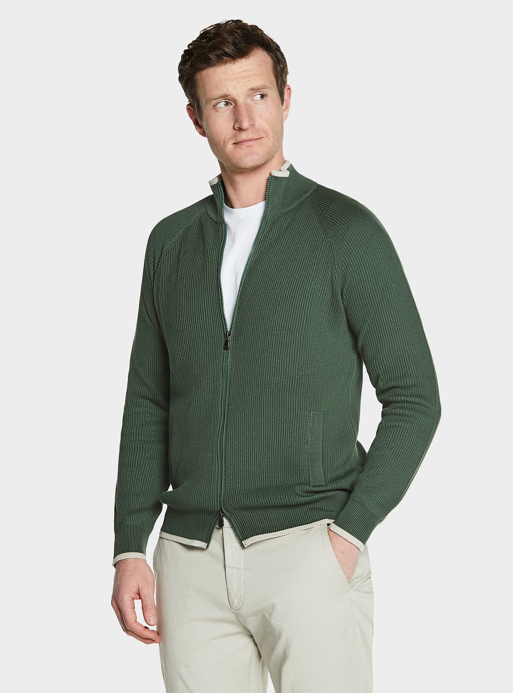 Maglia full zip a coste in puro cotone-2