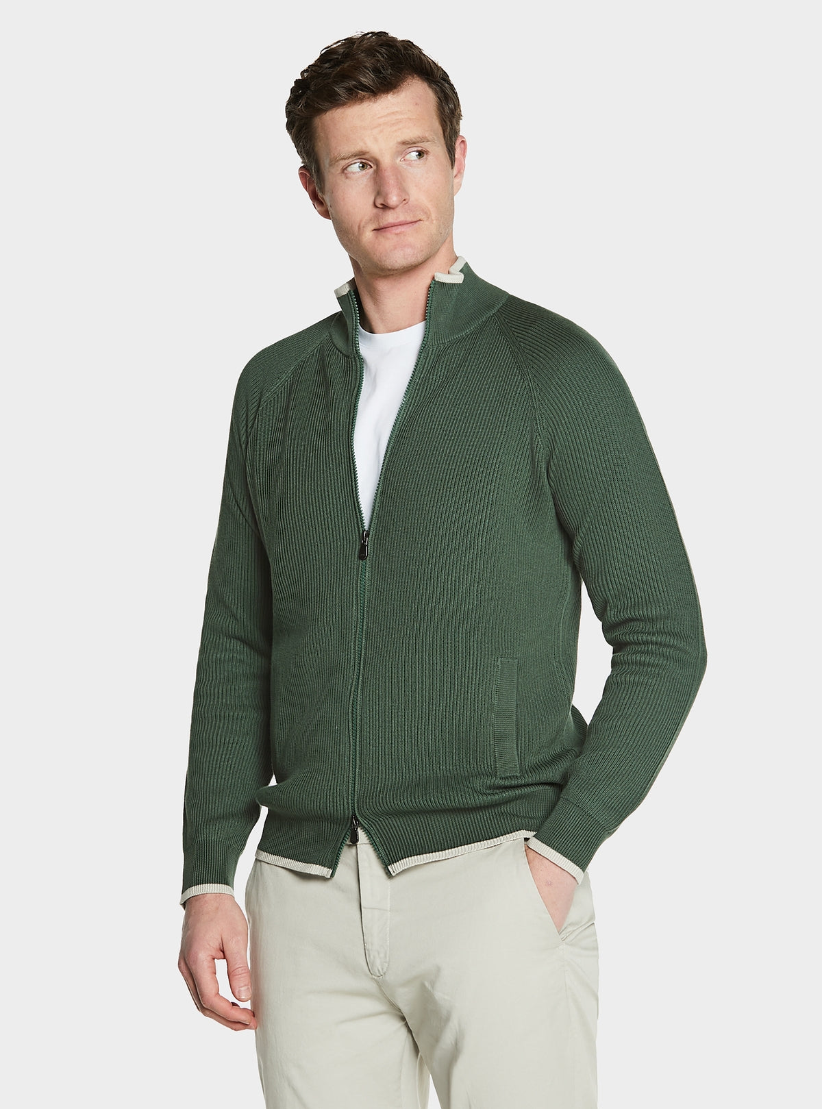 Maglia full zip a coste in puro cotone-2