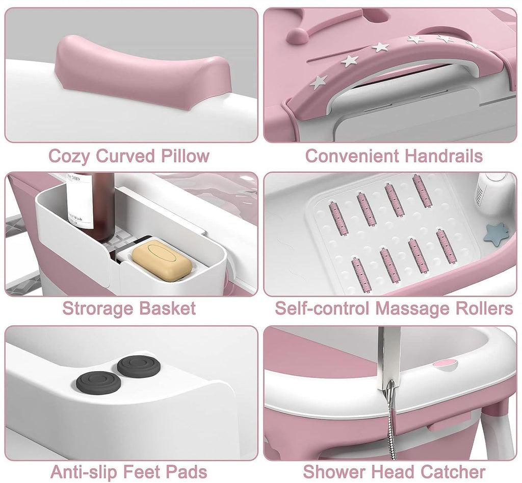 Foldable Bathtub Adult Collapsible Soaking Tub Pink-4