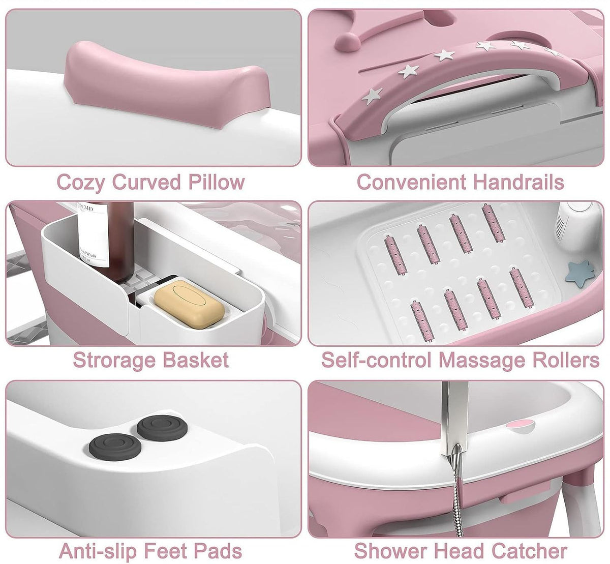 Foldable Bathtub Adult Collapsible Soaking Tub Pink-4