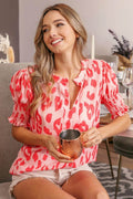 BiBi Leopard Smocked Short Sleeve Blouse for Trendy Style-0