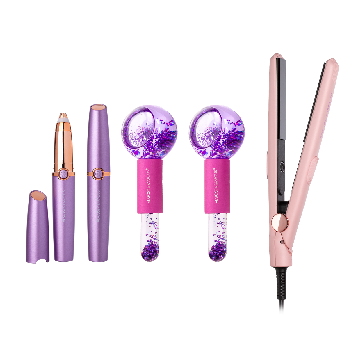ALMOST FAMOUS "Glow & Go" Travel Beauty Set | Mini Flat Iron, Cryo Facial Globes & LED Brow Trimmer-0
