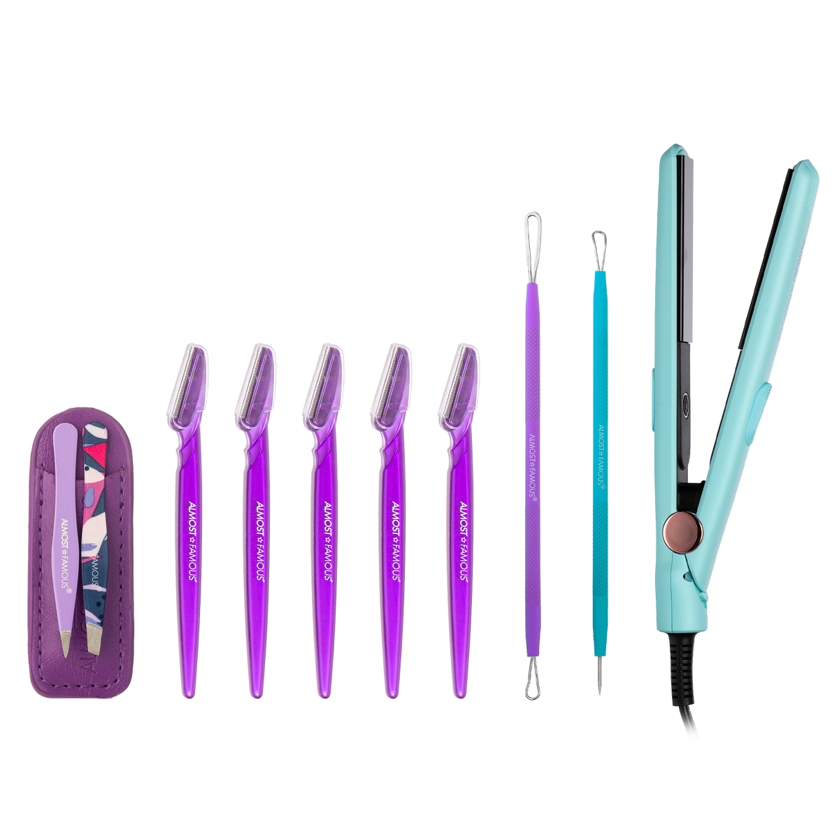 ALMOST FAMOUS "Smooth & Clear" Grooming Set | Mini Flat Iron, Blemish Tool Set, Tweezer Duo & Dermaplaning Razors-0