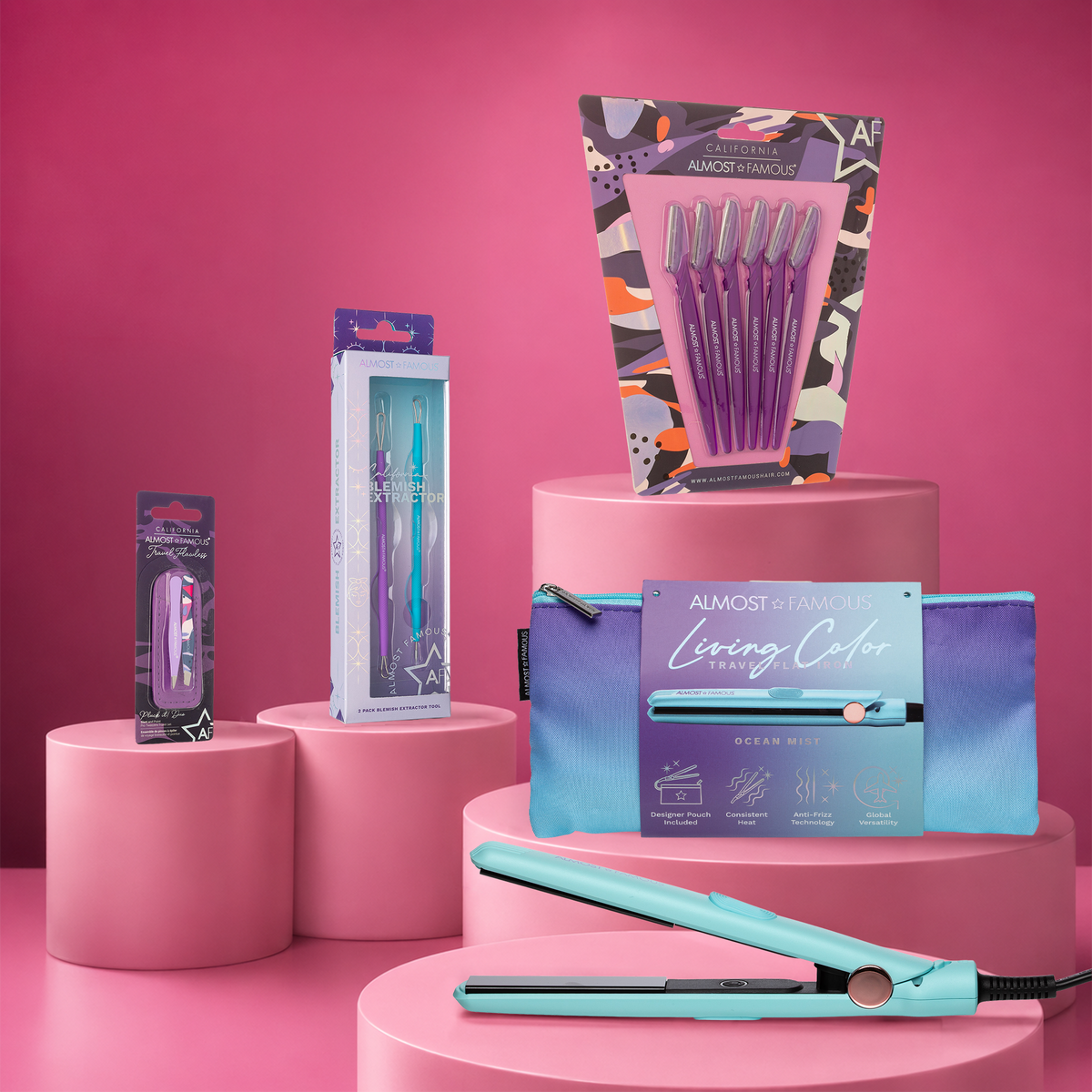 ALMOST FAMOUS "Smooth & Clear" Grooming Set | Mini Flat Iron, Blemish Tool Set, Tweezer Duo & Dermaplaning Razors-1