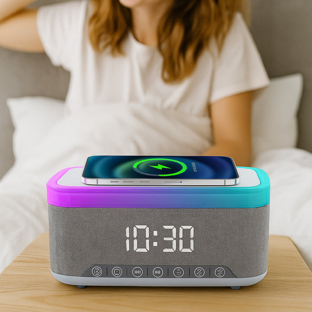 Desk-to-Bedside Power & Comfort Bundle – Sip & Charge 2-in-1 Mug Warmer + 5-in-1 Wireless Charging Alarm Clock Speaker-3