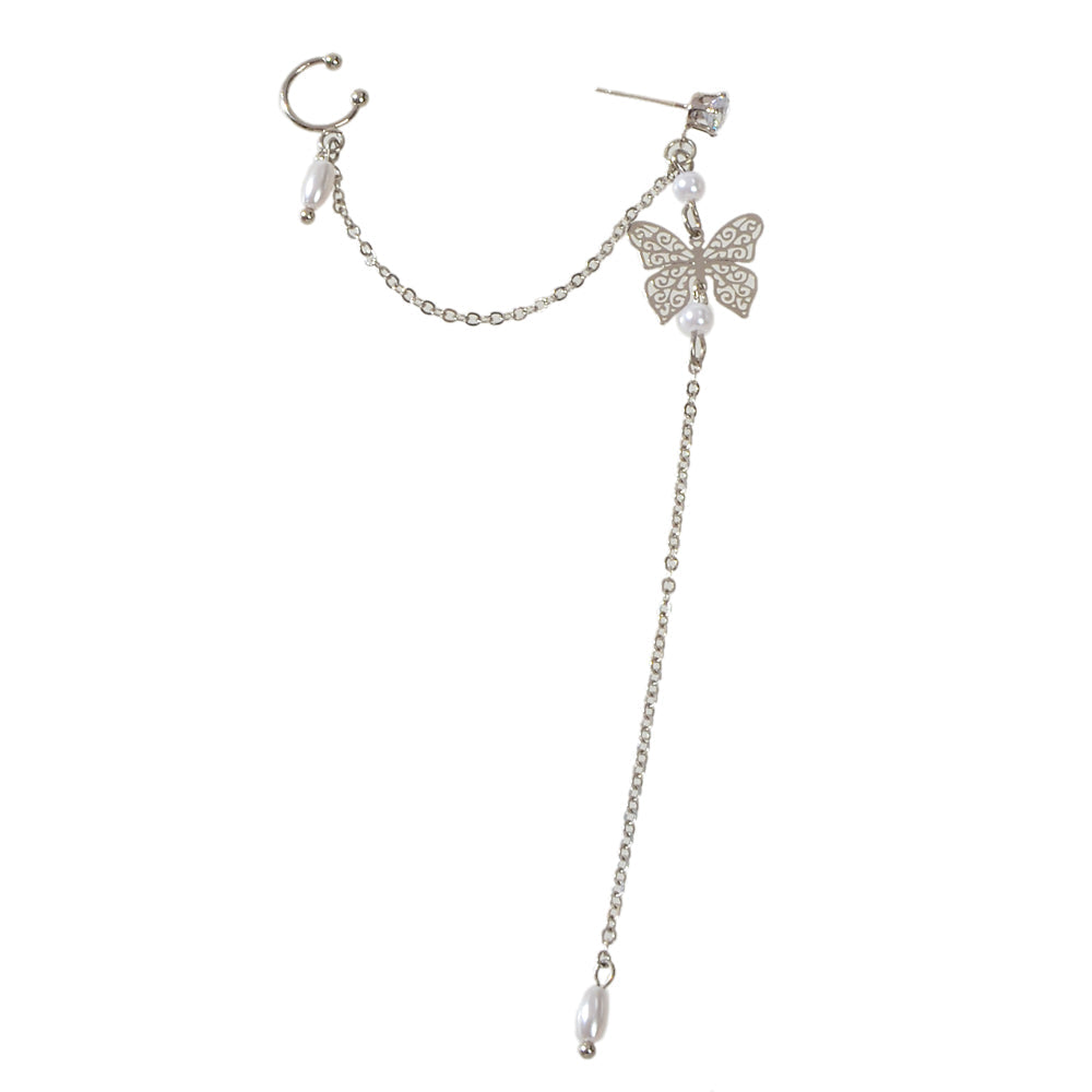 1pc Crystal Pearl Butterfly Long Chain Cartilage Stud Earring Stunning Ear Cuff