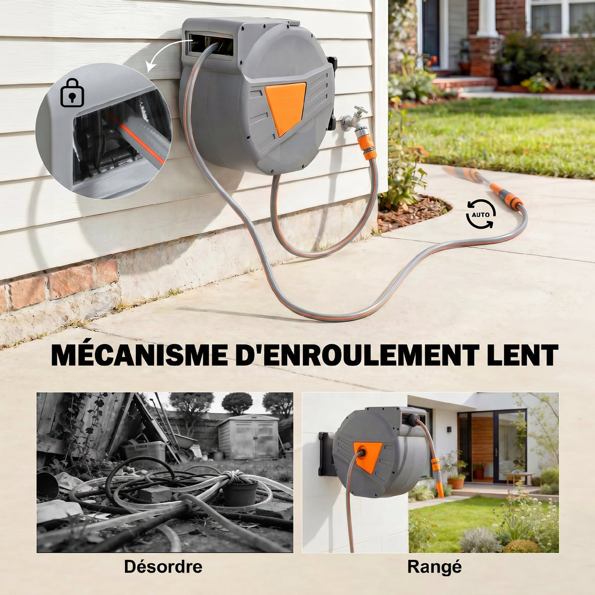 Enrouleur Tuyau Arrosage Mural 40+2 m x Ø 15mm, Dévidoir de Tuyaux d'Eau Rétractable Automatique Pivotant à 180°, Orange
