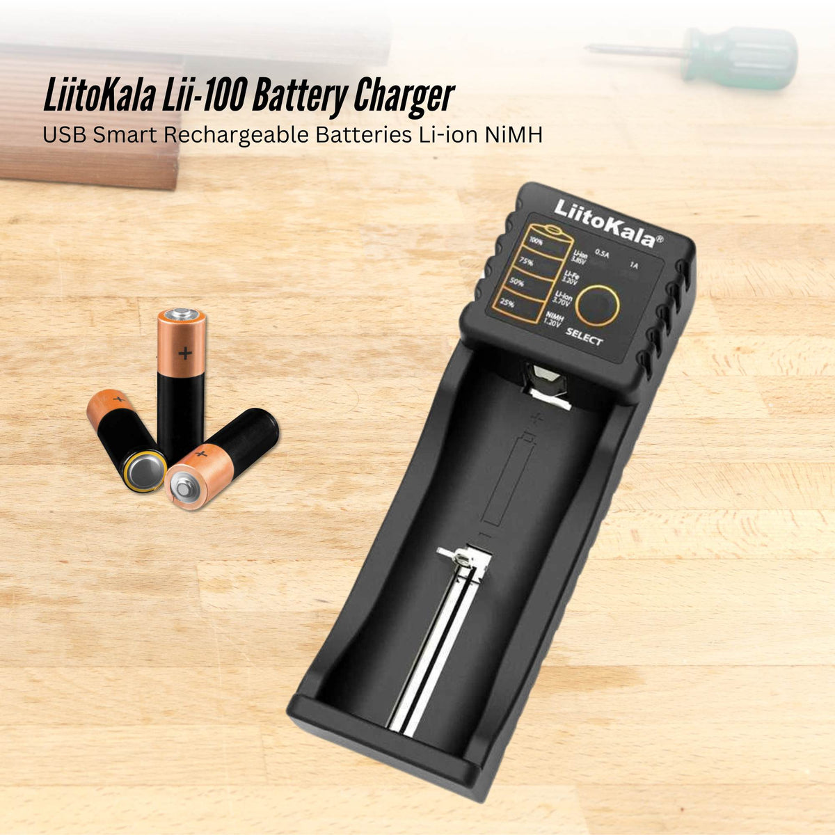 LiitoKala Lii-100 Smart Battery Charger - USB Output for 18650 AA AAA Li-ion NiMH-1