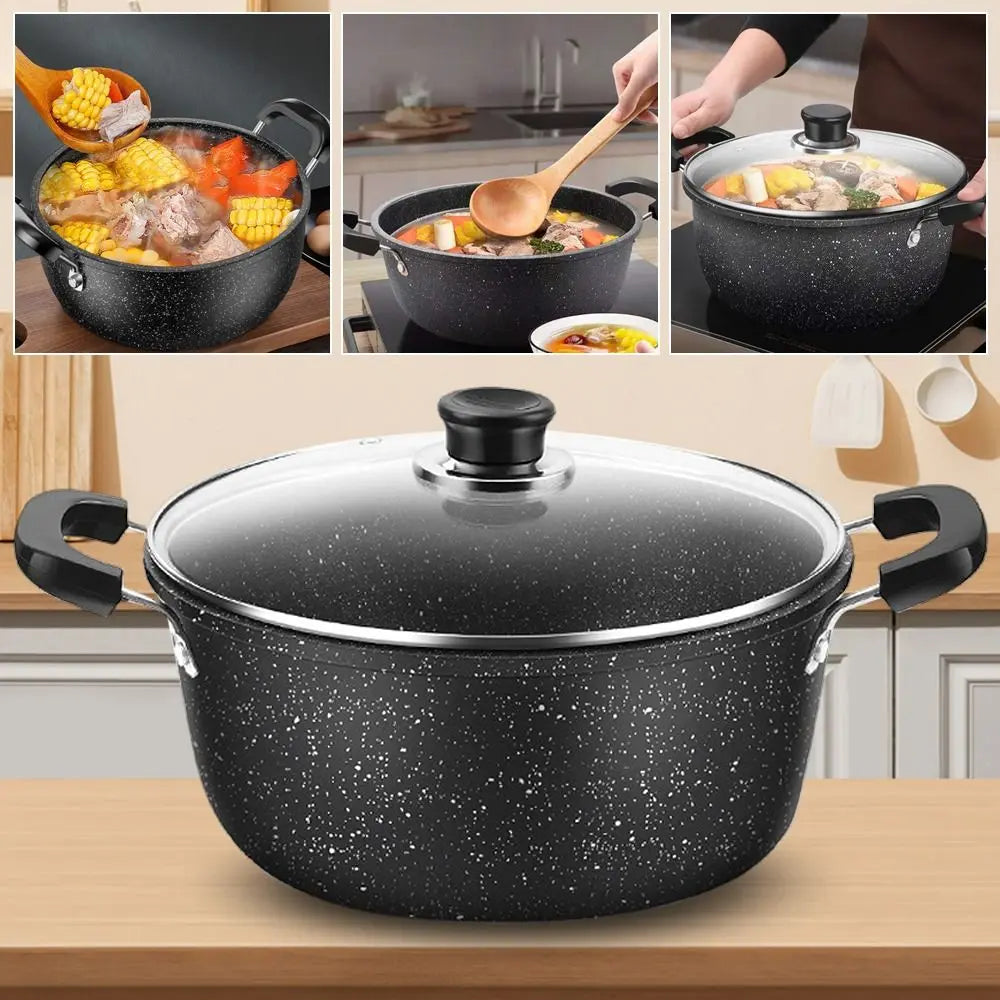 Maifan Stone Non-Stick Soup Pot with Lid Dual-Handle Cookware Black