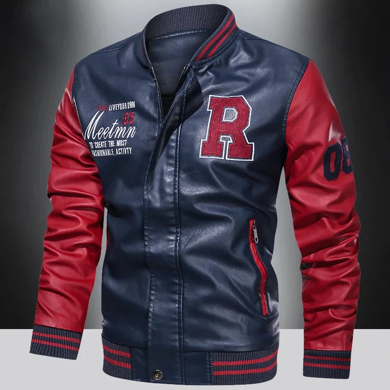 Men's PU Leather Moto Jacket (Blue)
