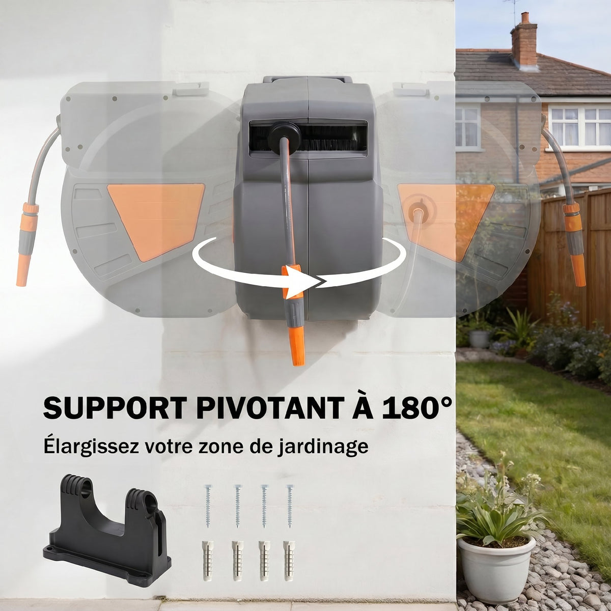 Enrouleur Tuyau Arrosage Mural 40+2 m x Ø 15mm, Dévidoir de Tuyaux d'Eau Rétractable Automatique Pivotant à 180°, Orange