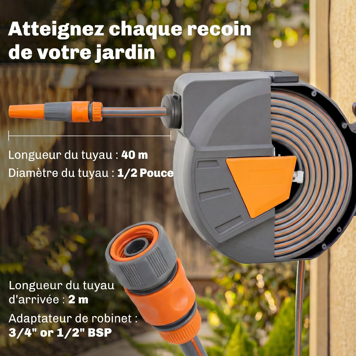 Enrouleur Tuyau Arrosage Mural 40+2 m x Ø 15mm, Dévidoir de Tuyaux d'Eau Rétractable Automatique Pivotant à 180°, Orange