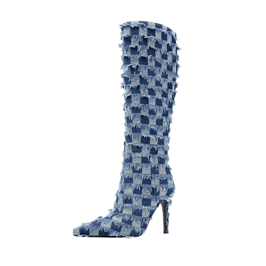 Frayed Checkered Blue Denim Knee High Boots