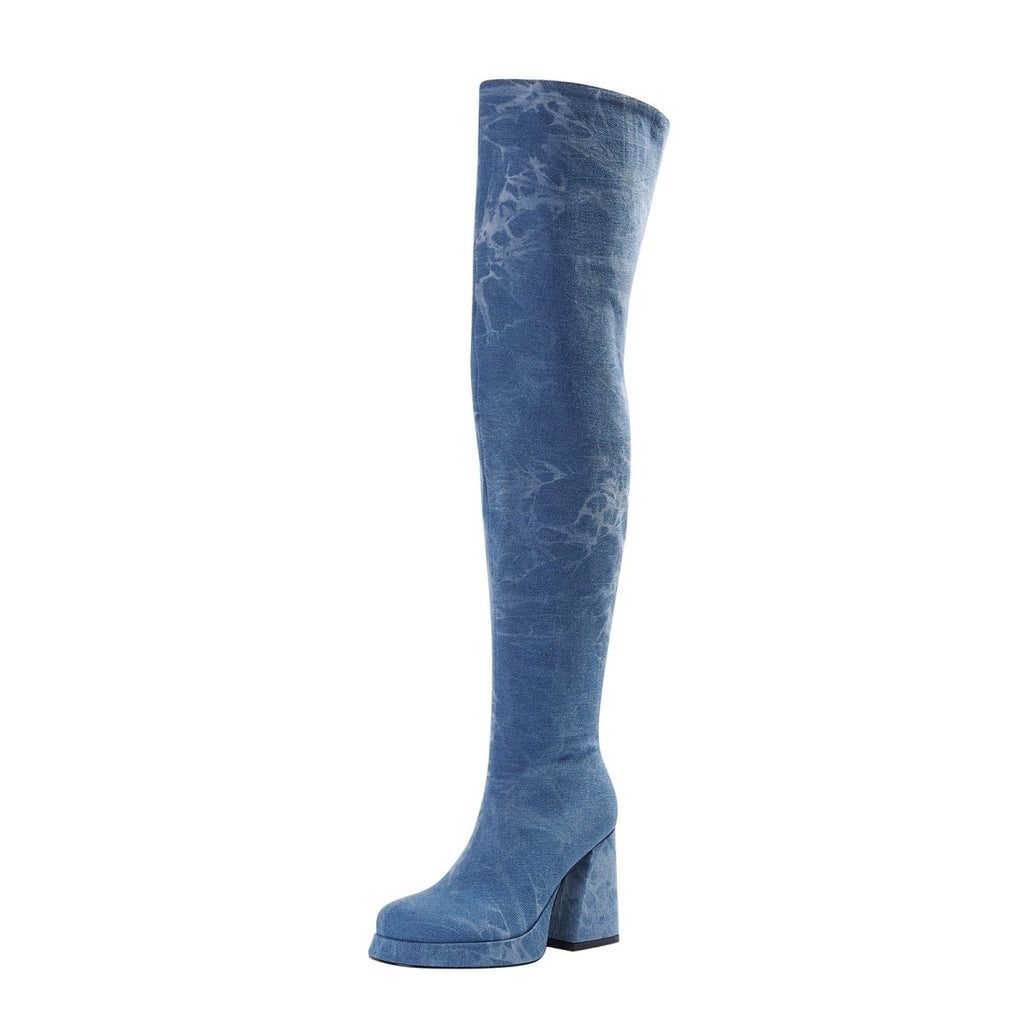 Relaxed Fit Round Toe Denim Knee High Boots