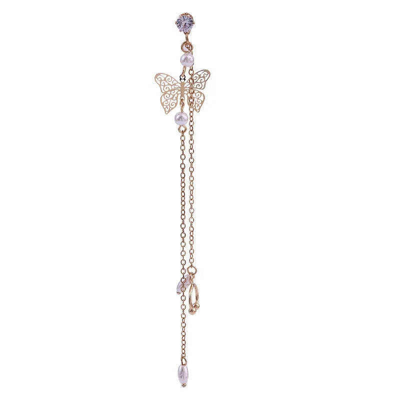 1pc Crystal Pearl Butterfly Long Chain Cartilage Stud Earring Stunning Ear Cuff