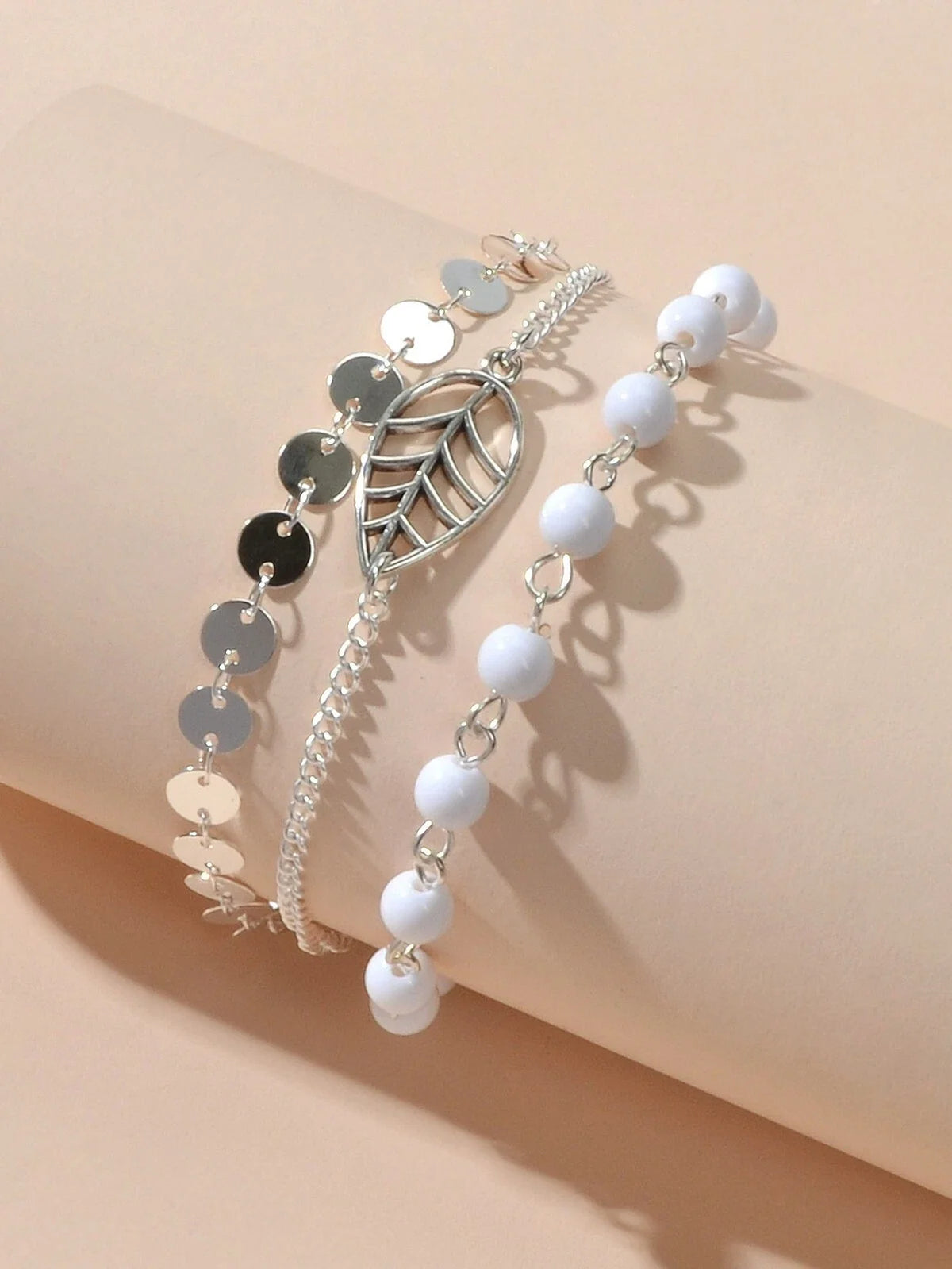 1 pc Foot Beach Jewellery Gold Silver Multi-layer Chain White Beads Leaf Anklet-4