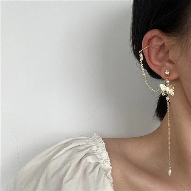 1pc Crystal Pearl Butterfly Long Chain Cartilage Stud Earring Stunning Ear Cuff