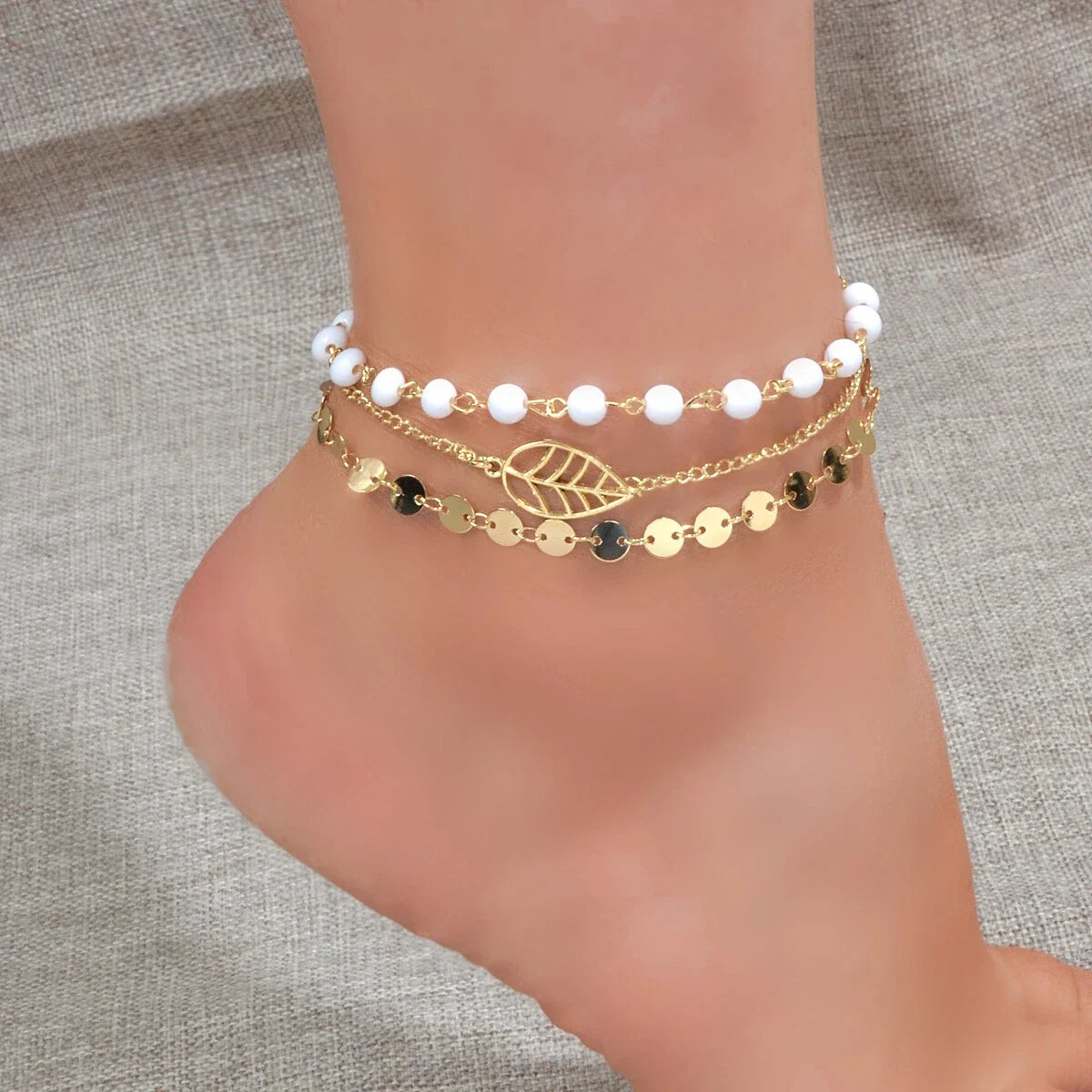 1 pc Foot Beach Jewellery Gold Silver Multi-layer Chain White Beads Leaf Anklet-0
