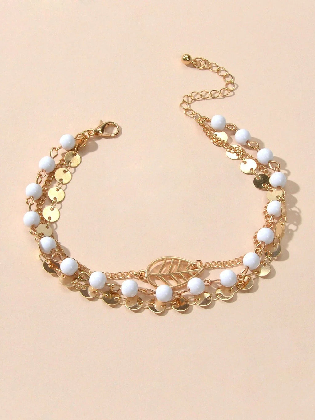 1 pc Foot Beach Jewellery Gold Silver Multi-layer Chain White Beads Leaf Anklet-2