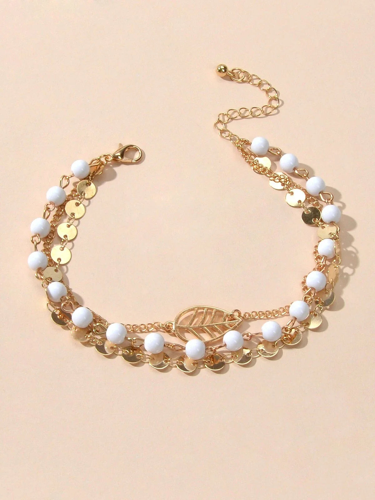 1 pc Foot Beach Jewellery Gold Silver Multi-layer Chain White Beads Leaf Anklet-2