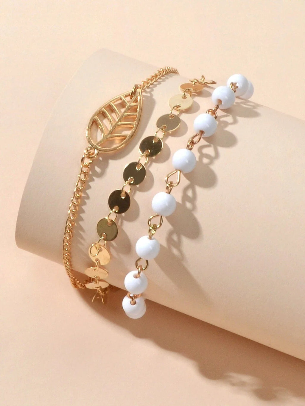 1 pc Foot Beach Jewellery Gold Silver Multi-layer Chain White Beads Leaf Anklet-3