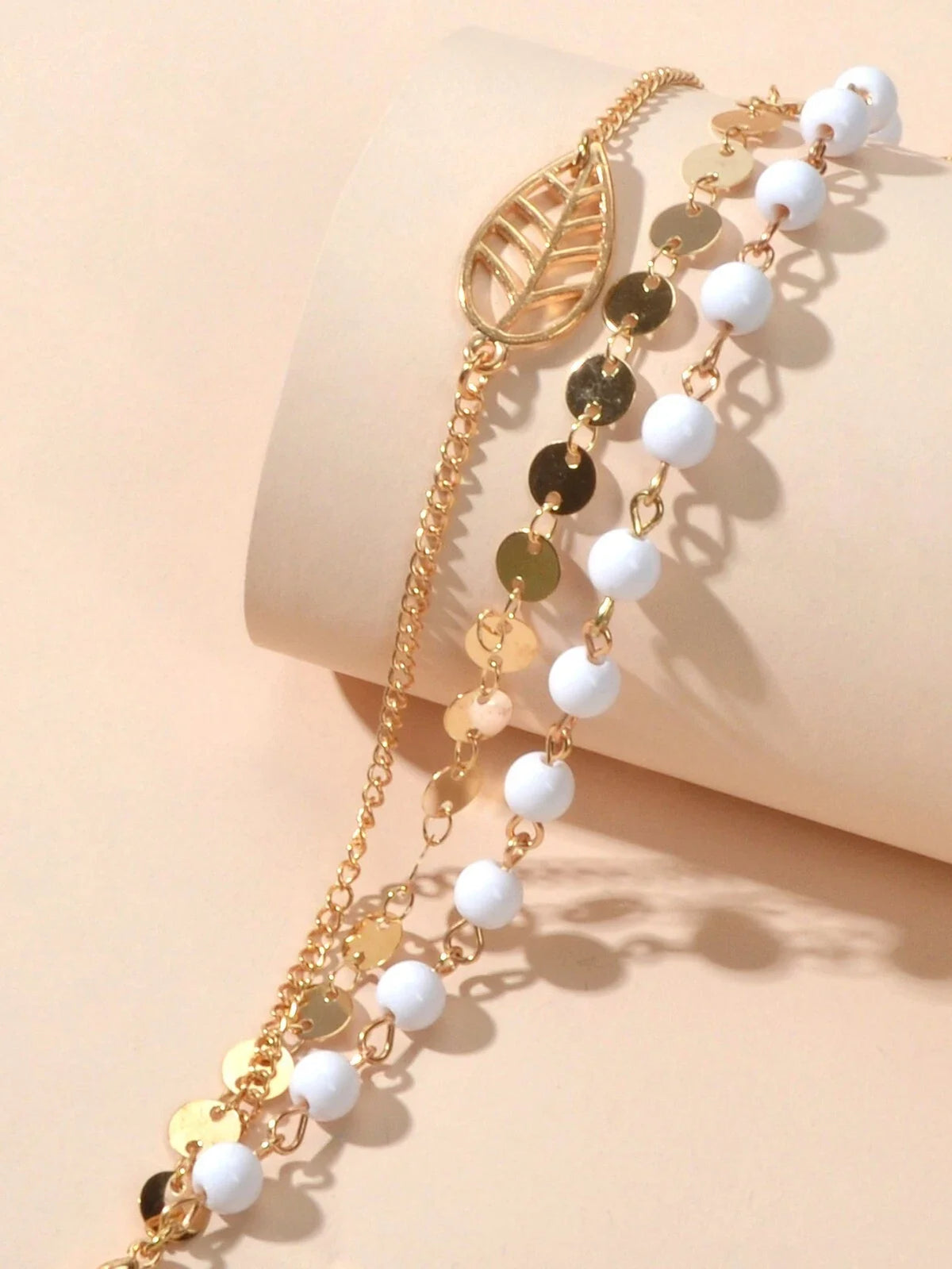 1 pc Foot Beach Jewellery Gold Silver Multi-layer Chain White Beads Leaf Anklet-1