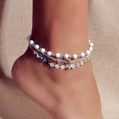 1 pc Foot Beach Jewellery Gold Silver Multi-layer Chain White Beads Leaf Anklet-5