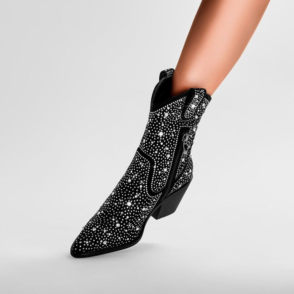 Silver Encrusted Black Pointed Toe Ankle Boots