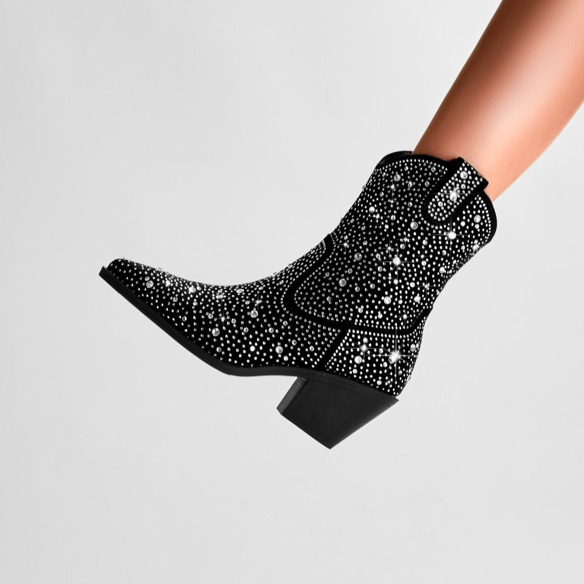 Silver Encrusted Black Pointed Toe Ankle Boots