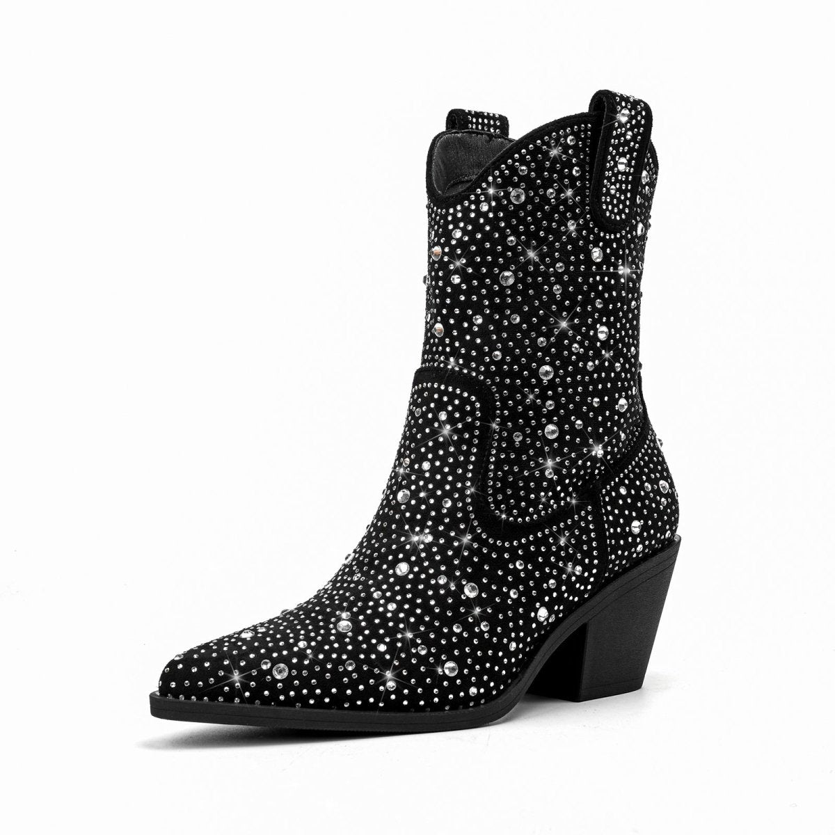 Silver Encrusted Black Pointed Toe Ankle Boots