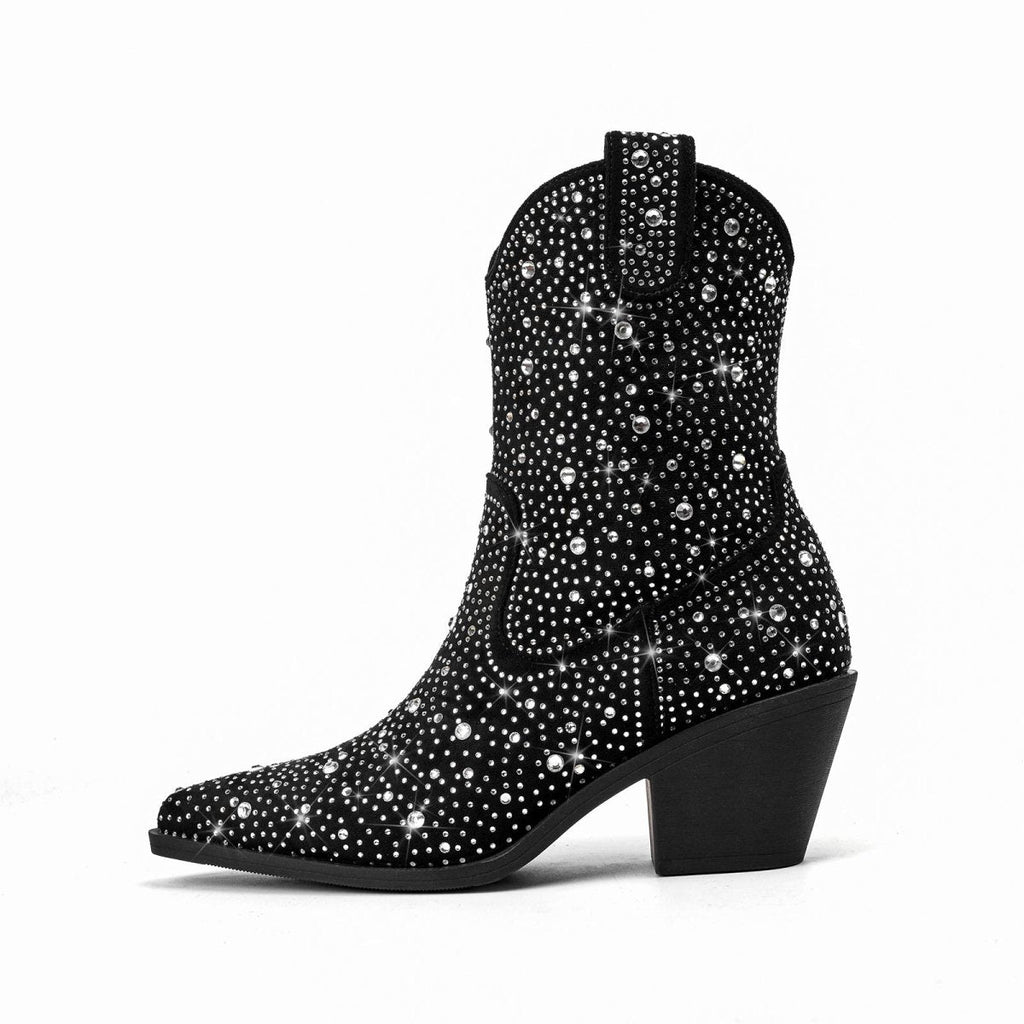 Silver Encrusted Black Pointed Toe Ankle Boots