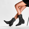 Silver Encrusted Black Pointed Toe Ankle Boots