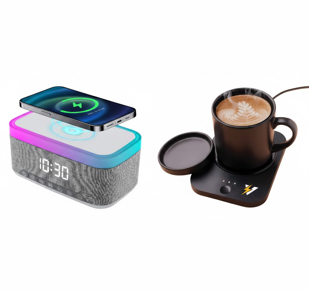 Desk-to-Bedside Power & Comfort Bundle – Sip & Charge 2-in-1 Mug Warmer + 5-in-1 Wireless Charging Alarm Clock Speaker-0