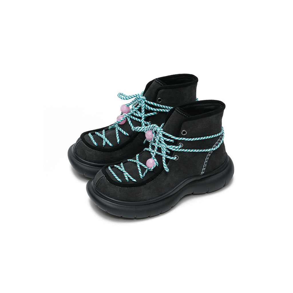Women's Star Embossed Platform Ankle Boots – Beaded Rope Lace Chunky Boots
